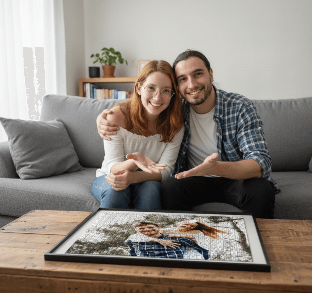 Happy couple looking at a love puzzle